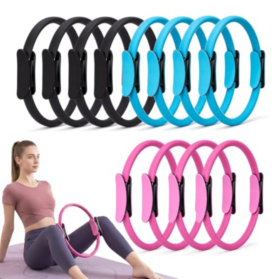 Pilates Ring Magic - ホームジム用ピラティスリングアクセサリーセット：15インチのスチール強化マジックサークル（黒）、耐久性のある滑り止めゴムコーティング、理想的なf